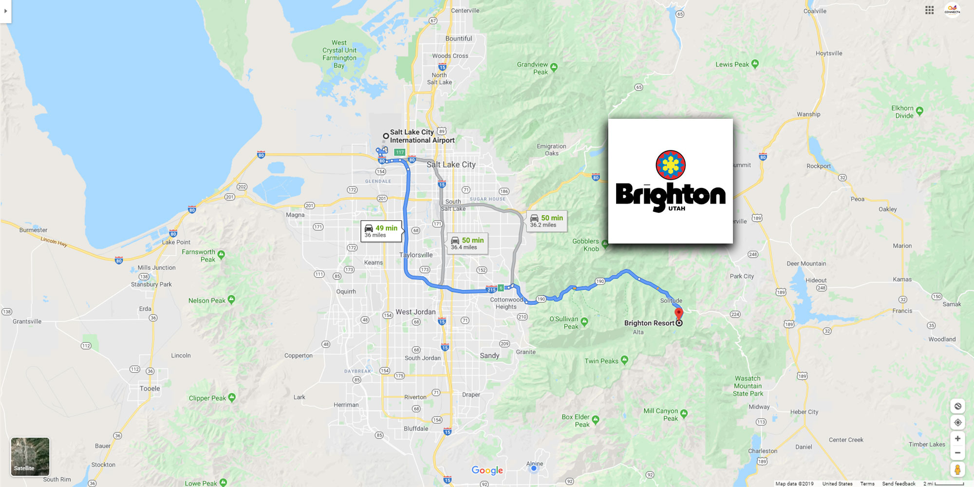 Salt Lake City airport to BRIGHTON ski resort transportation map